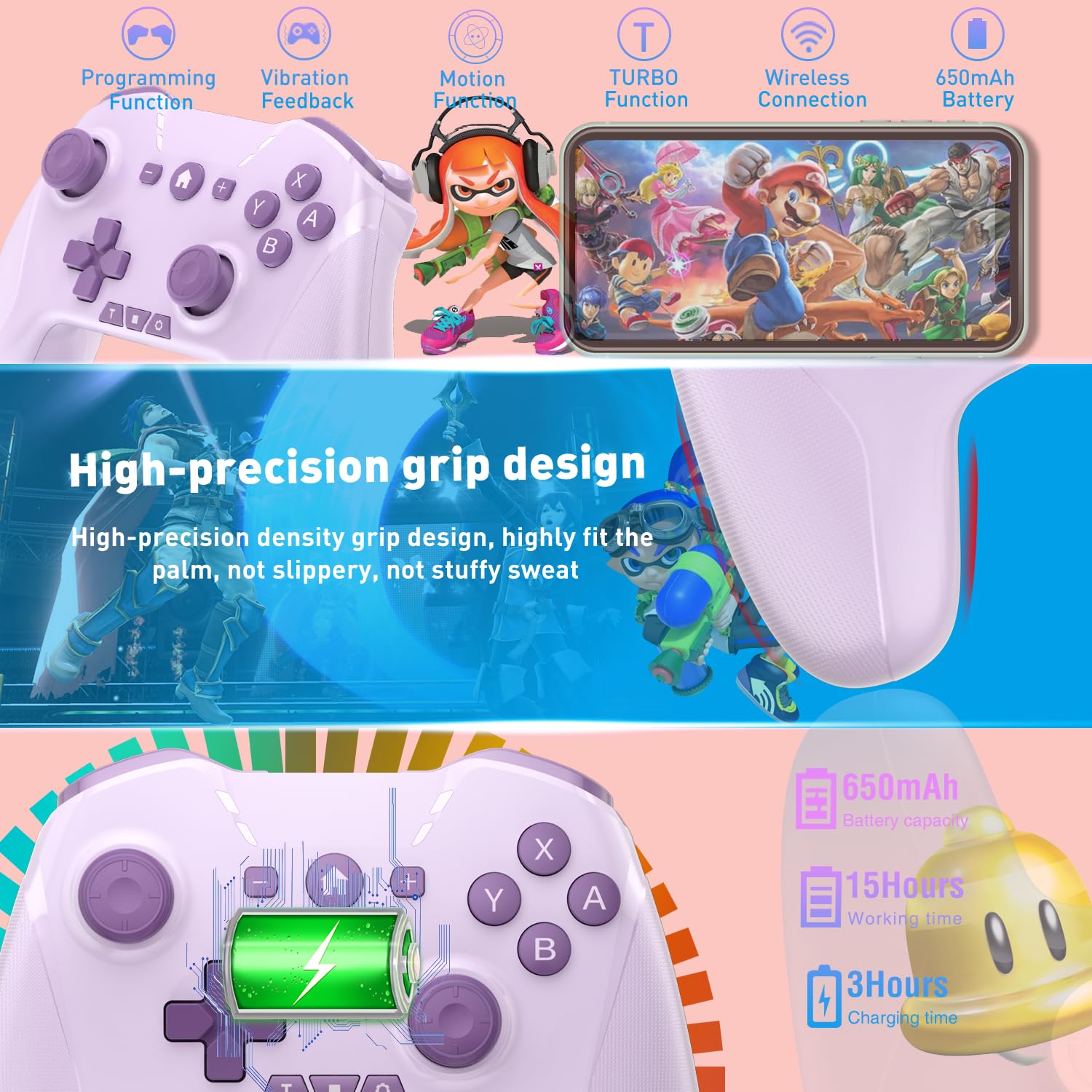 Bluetooth Controller for Switch/Mac/PC/Steam/Mobile Phone/iOS/Android//TV/iPad/Table/Apple Arcade MFi Games, switch pro controller wireless with Adjustable Dual Motion,Turbo,Macros,6-Axis,Wake Up for Black Myth: Wukong (Black) (Purple) (Purple)