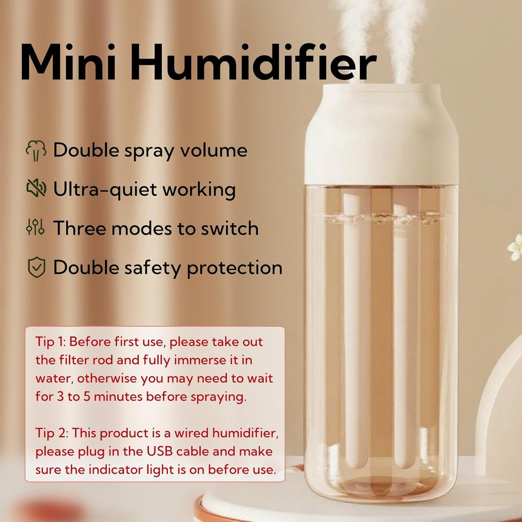 Portable Small Humidifier Dual Nozzle - Large Cool Mist Humidifiers Double Spray Ports, Water Shortage Protection, Ultra-Quiet, Mini Humidifier for Bedroom Plants Office Car Travel (P07)