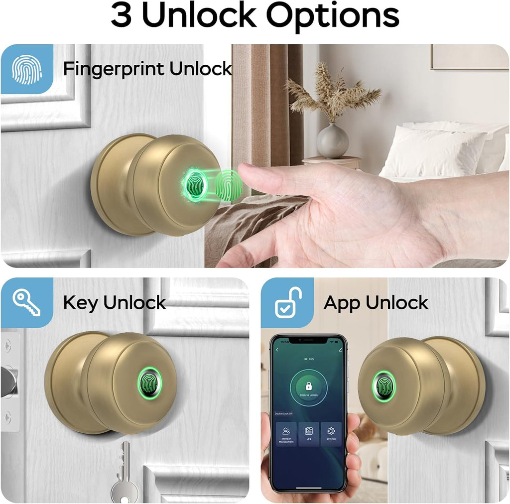 GeekTale Fingerprint Door Lock for Bedrooms, Fingerprint Door Knob with Lock, Smart Door Lock, App Control, Back-up Keys, Thumbprint Door Knob for Bedrooms, Office, Apartment