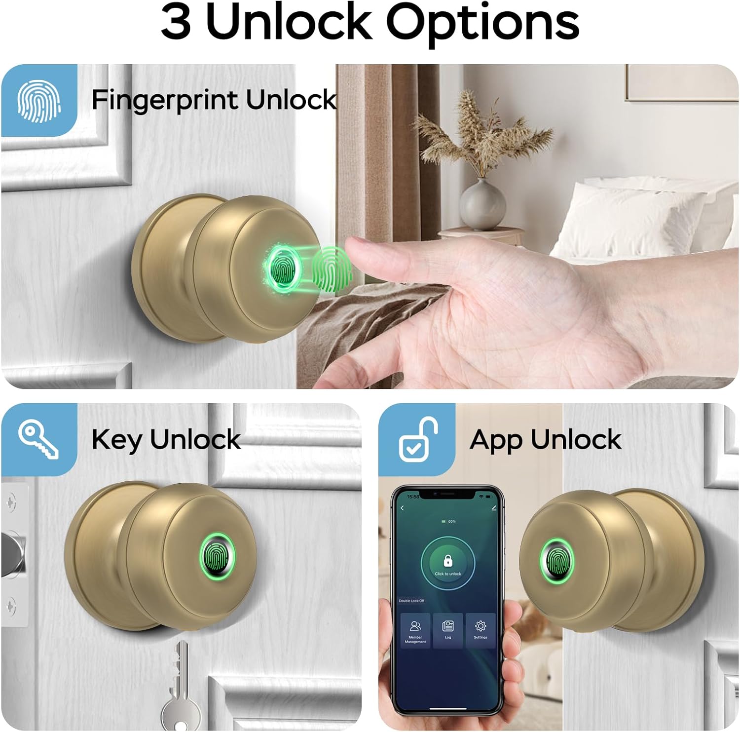 GeekTale Fingerprint Door Lock for Bedrooms, Fingerprint Door Knob with Lock, Smart Door Lock, App Control, Back-up Keys, Thumbprint Door Knob for Bedrooms, Office, Apartment