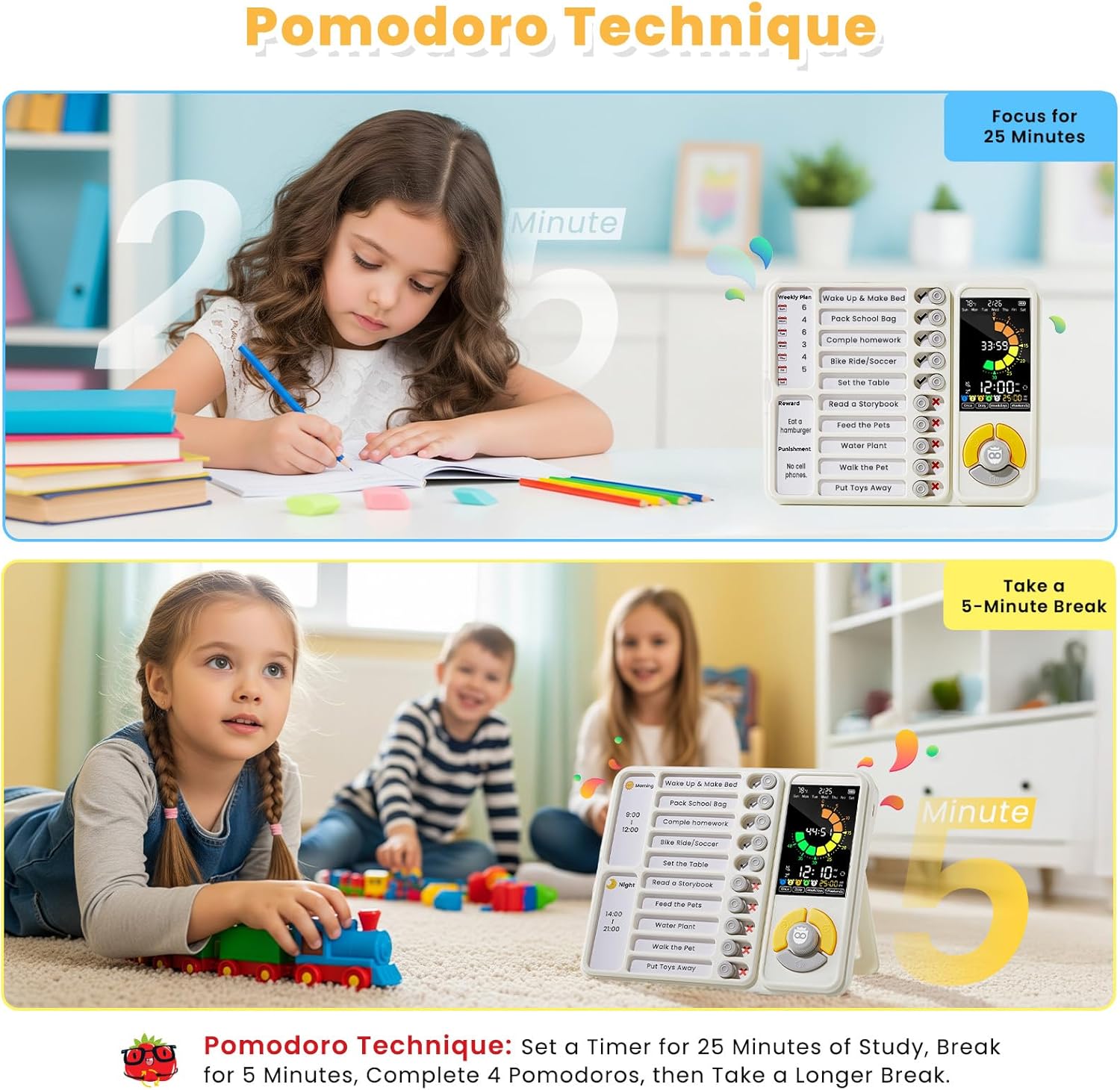 5 IN 1 Visual Timer for Kids/Adults with Chore Chart, ADHD Tools 12/24H Silent Task Timer and Pomodoro Timer, ADHD & Autism Sensory Products, Visual Schedule for Kids Back to School Supplies Off-white