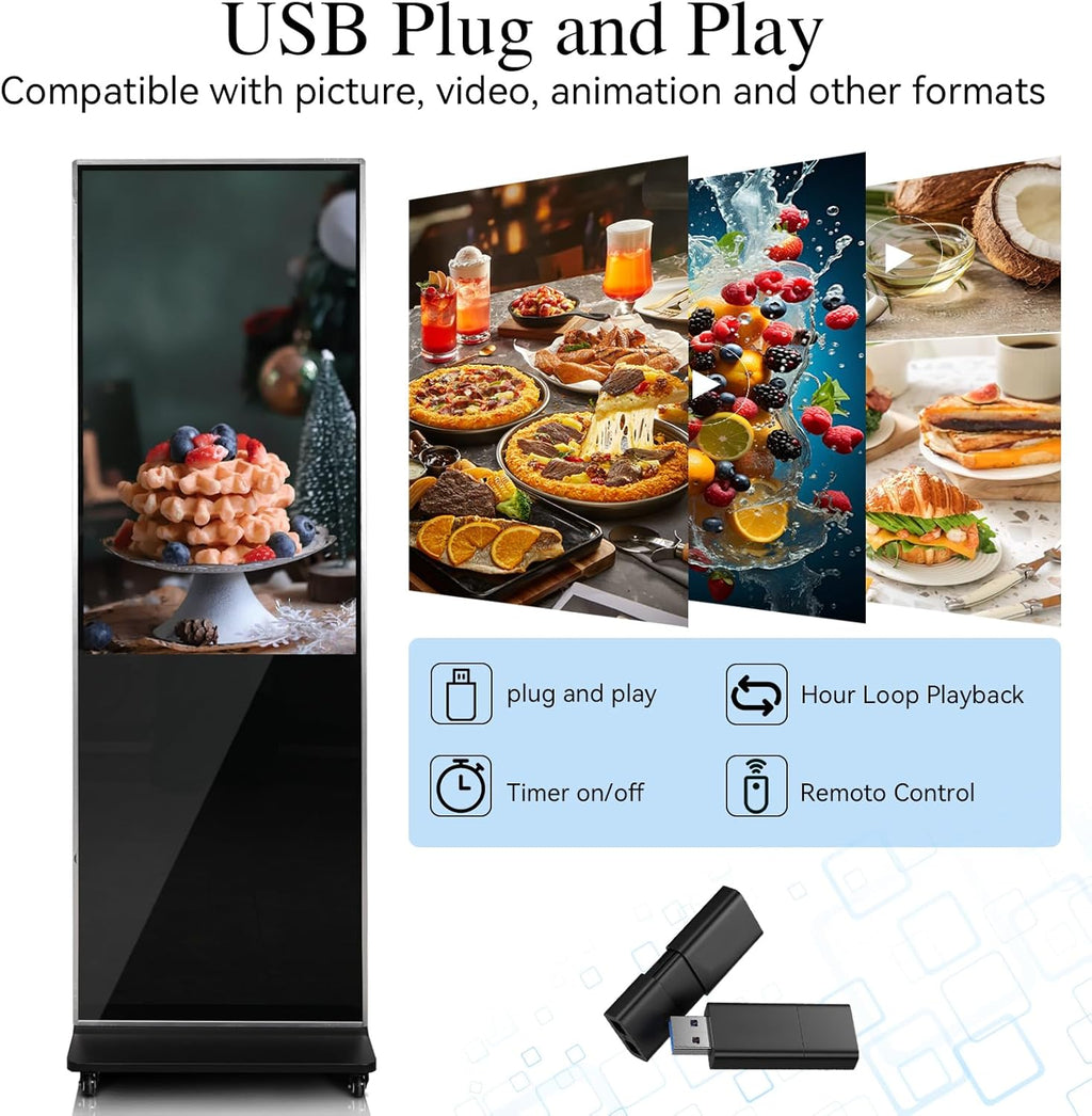 43" 4K LCD Digital Signage Display, Indoor Floor Standing Advertising Kiosk, Commercial Digital Signage Kiosk with Auto AD Box, HDMI WiFi Bluetooth Input, Android 12.0 Black
