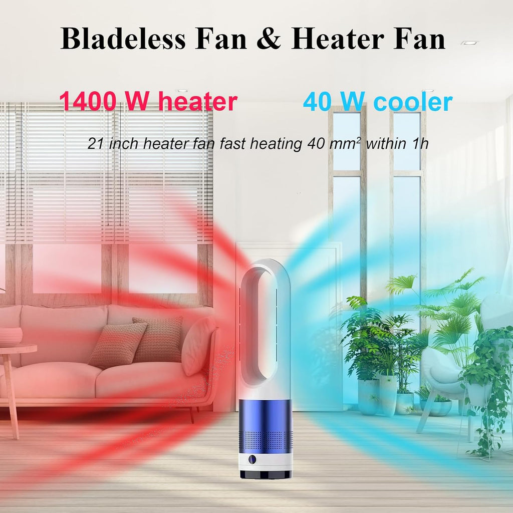 Bladeless Heater and Fan Combo, 1400 Watt Heater Fan and 40 Watt Cold Fan, 80° Oscillating Fan, All the Season Use, Remote and Touch Control, Floor Tower fan, Office Room, Bedroom, Blue White