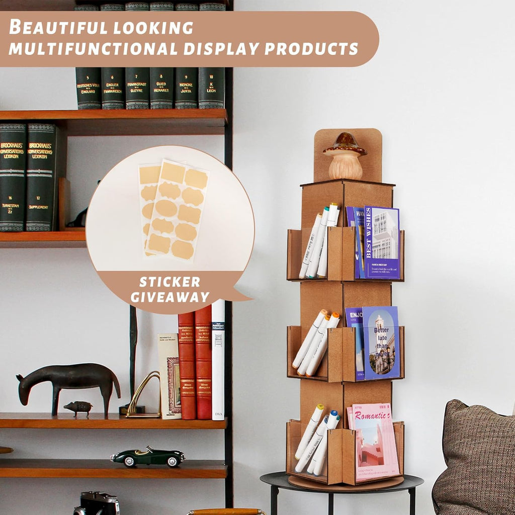 Natheeph Rotating Display Stand Greeting Card Display Wooden Display Rack with Two Card Sticker for Greeting Card Vendor Coffee Bag 3 Tier Tabletop Display Stand (Brown)