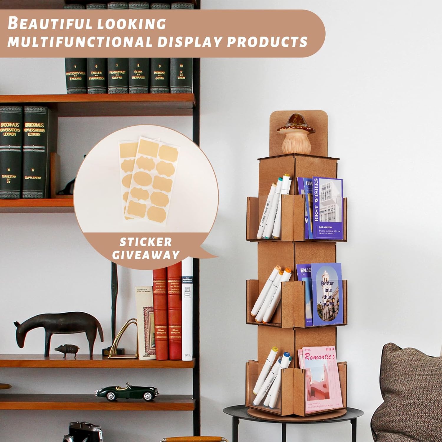 Natheeph Rotating Display Stand Greeting Card Display Wooden Display Rack with Two Card Sticker for Greeting Card Vendor Coffee Bag 3 Tier Tabletop Display Stand (Brown)