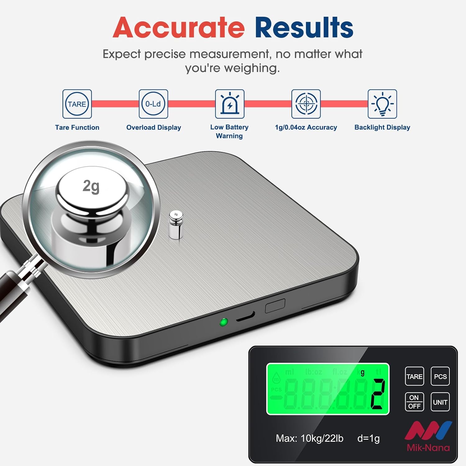 Mik-Nana Food Scale, 22lb Digital Kitchen Scale with 7 Units LCD Display & Tare Function, Stainless Steel Weight Grams and Ounces for Baking, Cooking and Meal Prep (Batteries Included)