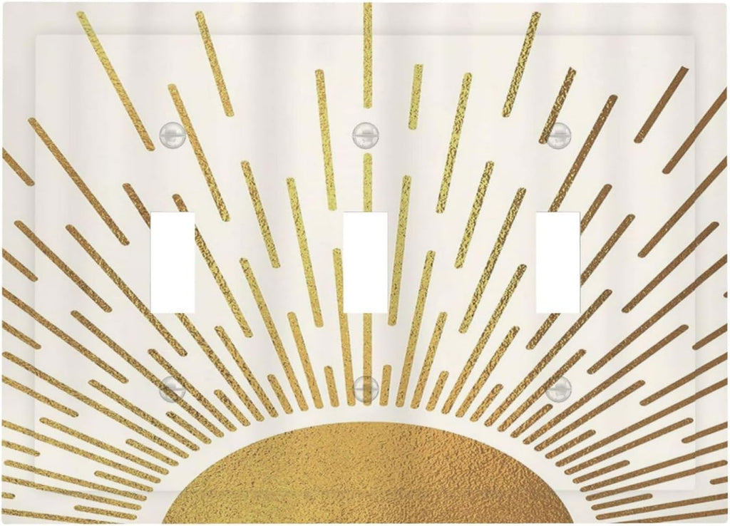 Decorative Light Switch Cover Plate Boho Mid Century Gold Sun Sunbeams 3 Gang Wall Plates for Electrical Outlets Triple Toggle Switch Plate Covers Outlet Covers Faceplate for Home Decor