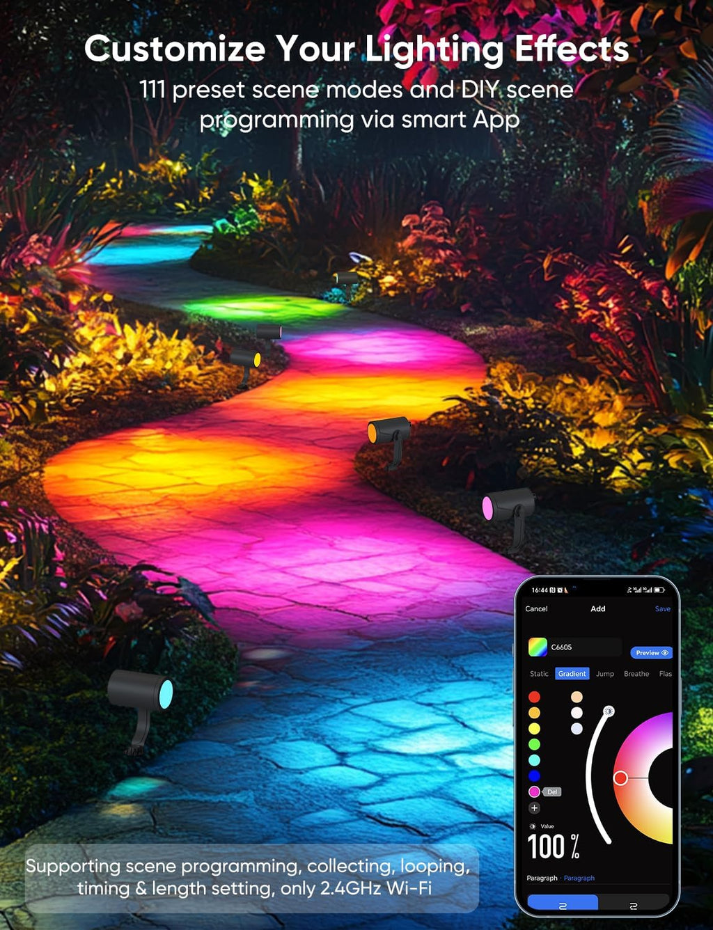APPECK Smart Outdoor Spot Light 600lm, RGBCW+IC Color Changing Landscape Lights 2 Pack, IP65 Waterproof Low Voltage Landscape Lighting, App/Voice Control for Garden Pathway Yard Christmas Decor