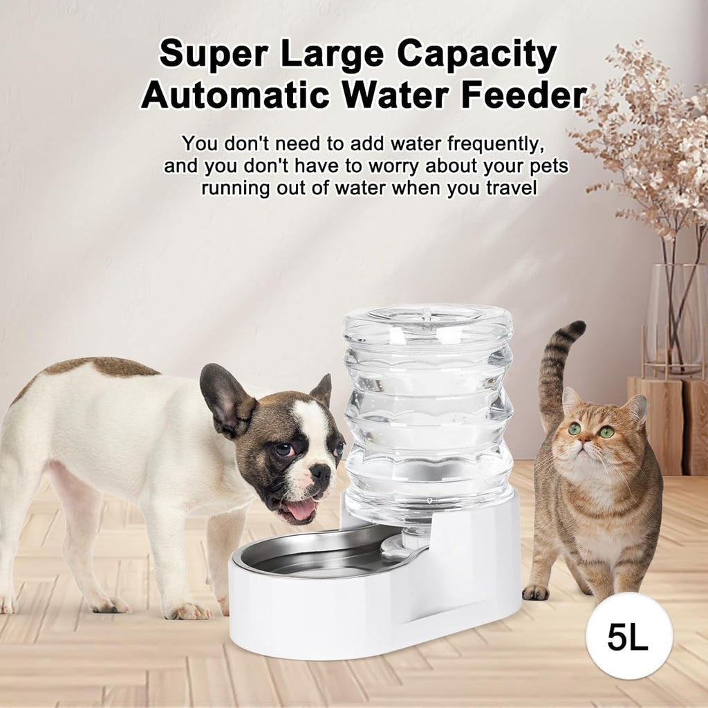 RIZZARI Dog Water Bowl Dispenser: 5L Large Automatic Stainless Steel Gravity Feeder with Specialized Brush and Triple Filter - for Cats with Joint Spine Pain - for Kitchen Bedroom