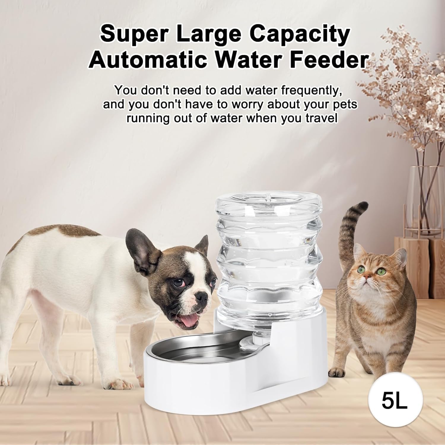 RIZZARI Dog Water Bowl Dispenser: 5L Large Automatic Stainless Steel Gravity Feeder with Specialized Brush and Triple Filter - for Cats with Joint Spine Pain - for Kitchen Bedroom