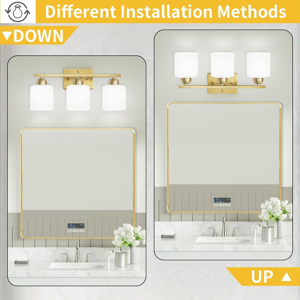 3 Light Gold Bathroom Light Fixtures, Modern Bathroom Vanity Lights with Milky White Frosted Glass Shades, Gold Vanity Mirror with Lights for Mirror Living Room E26 Base