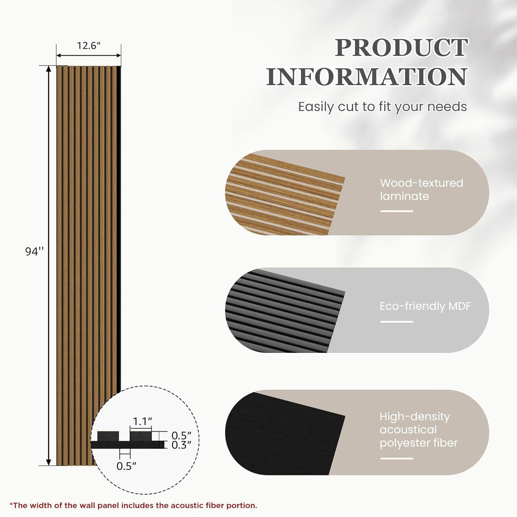 Wood Salt Acoustic Wall Panels, 4 Piece 94" x 12.6" x 0.8" Soundproof Wooden Wall Panels, 3D Fluted Sound Absorbing Panel, Natural Oak