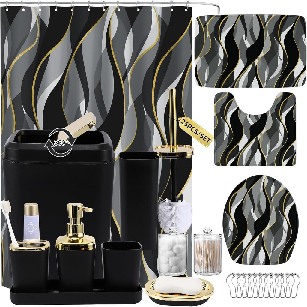 Bathroom Set - Black and Gold Bathroom Accessories, Bathroom Sets with Shower Curtain and Rugs, Black Shower Curtain Set with Bathroom Trash Can, Soap Dispenser, Soap Dish for Home Decor