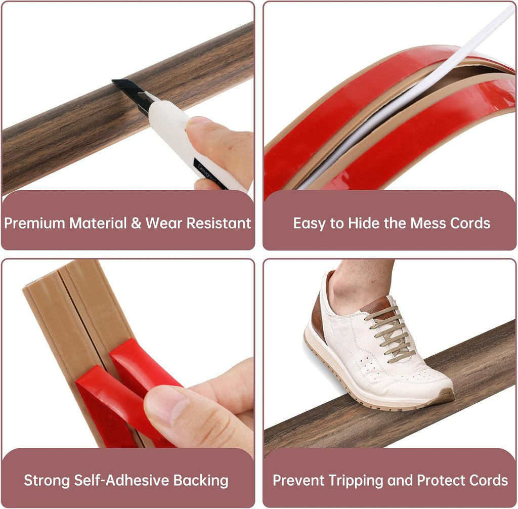 Floor Cord Cover Self Adhesive Cord Hider Floor Extension Cord Covers for Floor Power Cord Protector Cable Management Prevent Cable Trips Cable Cavity 0.32" W x 0.32" H (Smoked Brown Wood, 10Ft)