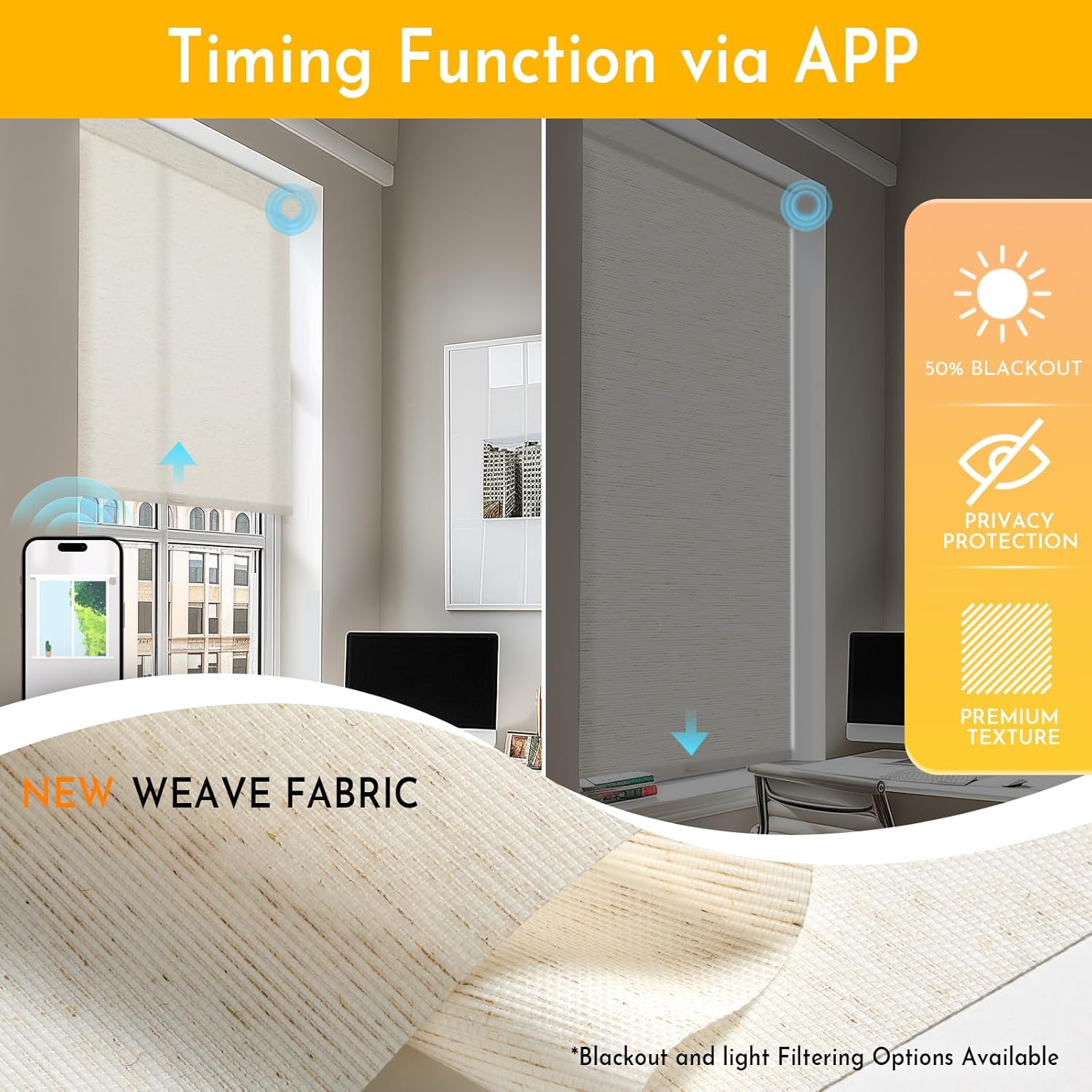 Persilux Smart Motorized Blinds with Remote, No Drill Automatic Roller Shades for Indoor Windows, Light Filtering Linen Fabric, Electric Blinds for Windows, Weave Mat C162-2, Custom Size