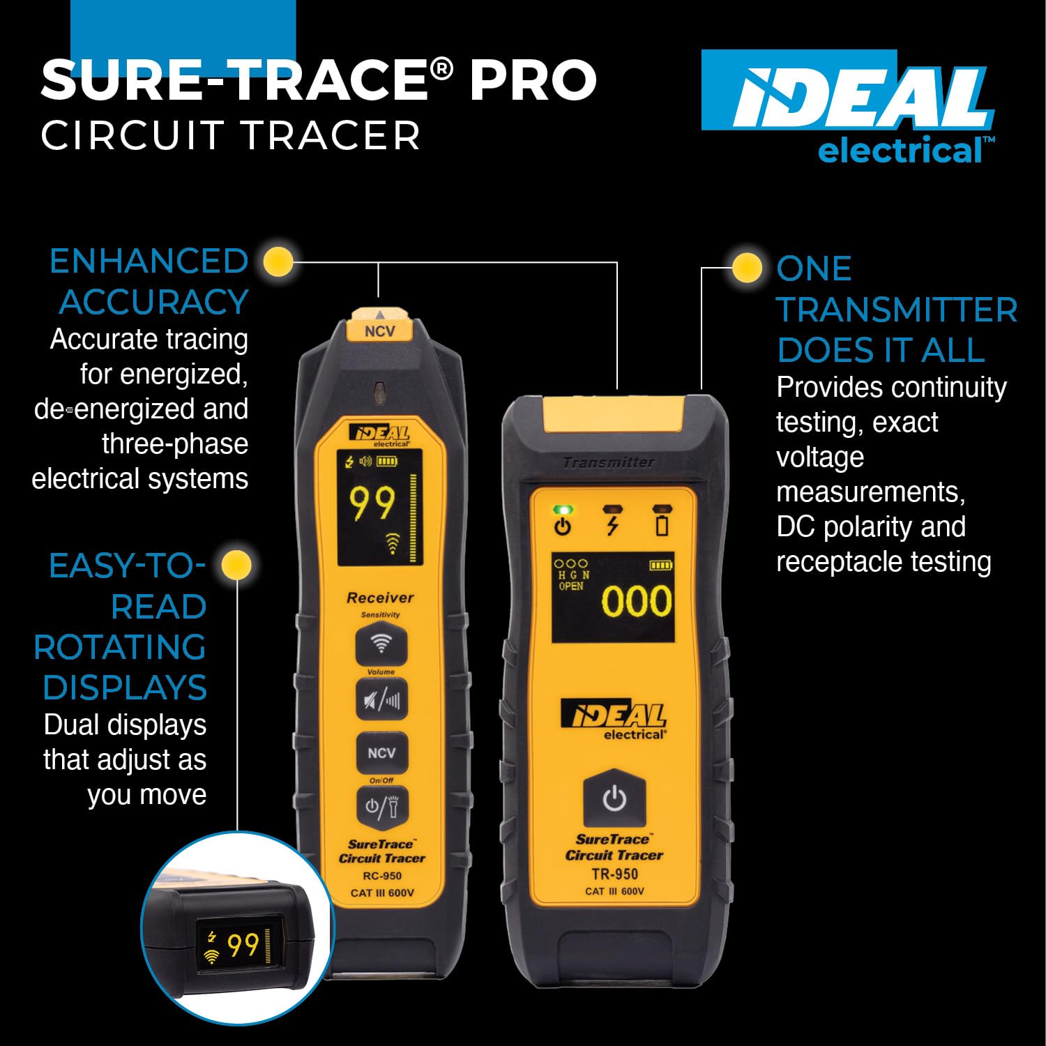 Ideal Electrical SureTrace Pro Circuit Tracer (61-950) 0-600 Volts AC/DC with Built-in Continuity Test, Amperage and Voltage Measurement, and Receptacle Testing — Find Breakers, Faults, and More