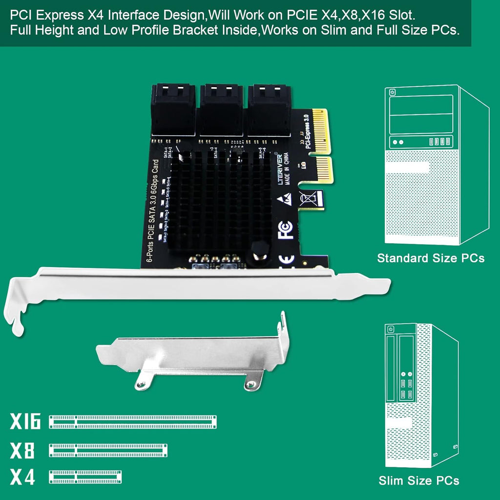 PCIE 3.0 X4 to 6-Ports Serial ATA/SATA 3.0 Host Controller, Plug and Play on Windows OS, MAC OS, and Linux Kernel Systems-6X 6Gbps Max SATA 3.0 None Raid Ports-Support AHCI Boot Up (PCE-G3S6)