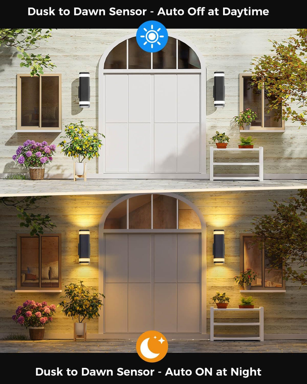 SHIMR Dusk to Dawn Outdoor Wall Light with Sensor 2 Pack, Waterproof Up and Down Outdoor Sconce Lights, Modern Black Aluminum Exterior Lighting Fixtures for Porch Patio Garage, LED Bulbs Included