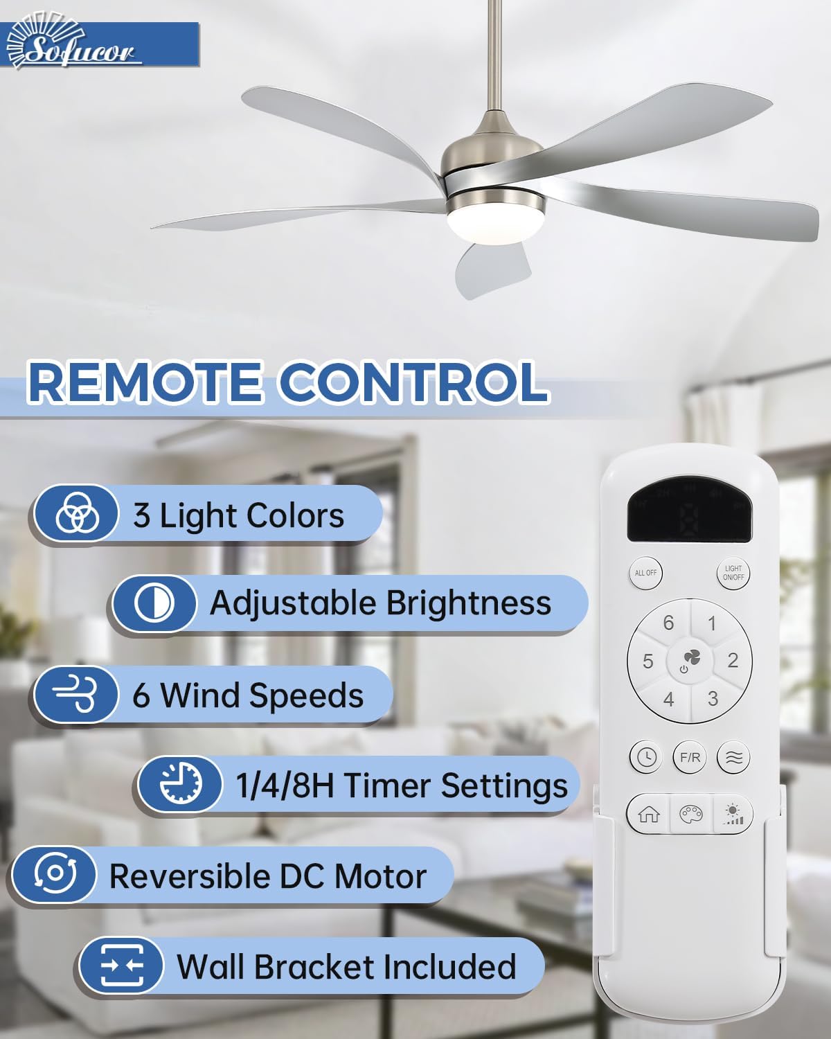 Sofucor 52 Inch Ceiling Fans with Lights and Remote, Outdoor Ceiling Fan with Light 6-Speed 3 CCT 3-Timer, Modern Low Profile Ceiling Fan 5 Blade Reversible DC Motor for Living Room Bedroom Patio