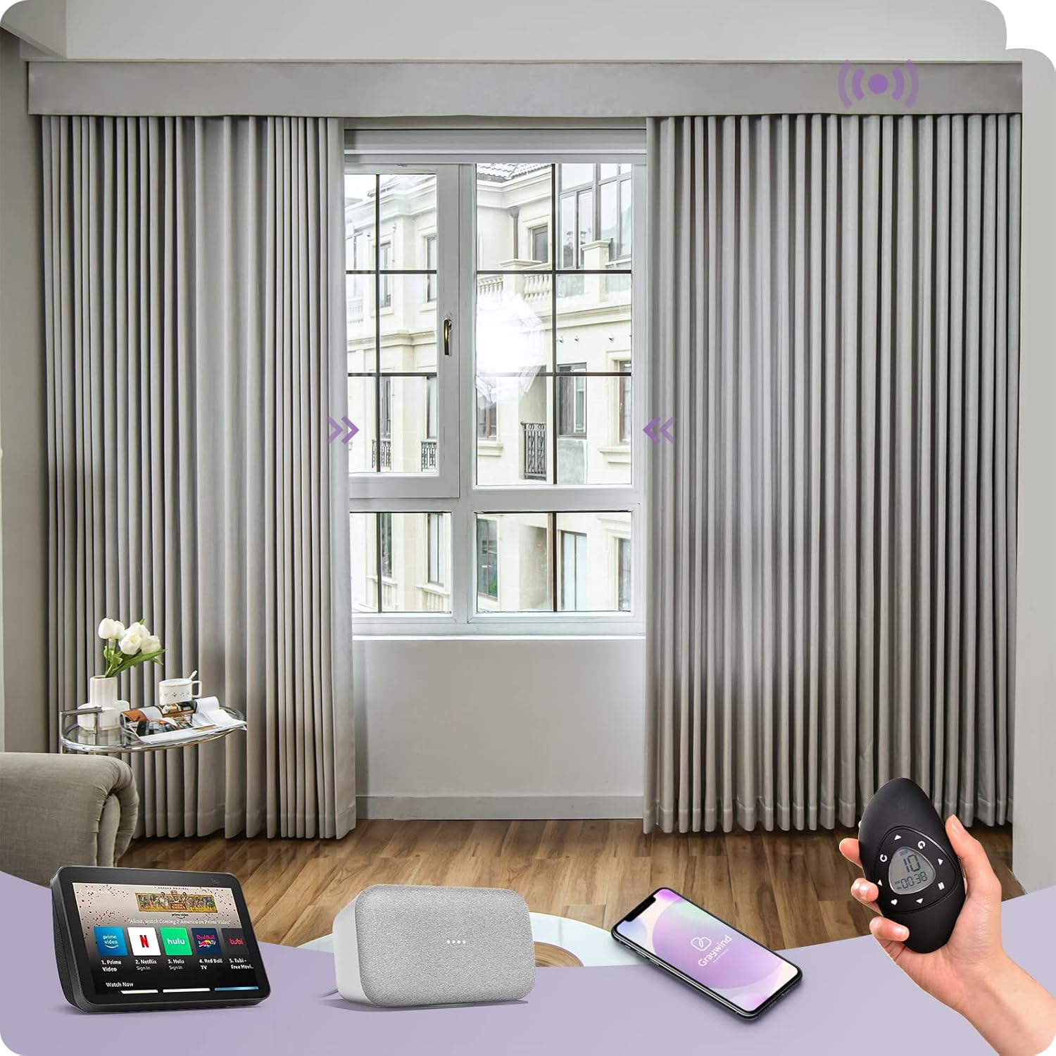 Graywind Rechargeable Smart Curtains Compatible with Alexa App Remote Control Motorized Drape for Sliding Door One-Way or Split Draw, Custom Width Up to 220" (Silver Grey)