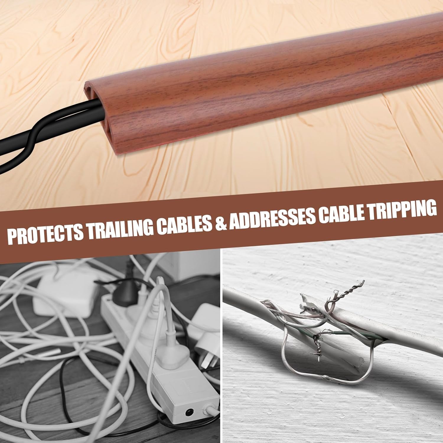Floor Cord Cover Cavity 0.8"x0.37" Self Adhesive Cord Hider, 10FT Low Profile Cable Management, Extension Strip Protector for Wires, Prevent Cable Trips for Offices, Gyms, Exhibitions（Red Teak）