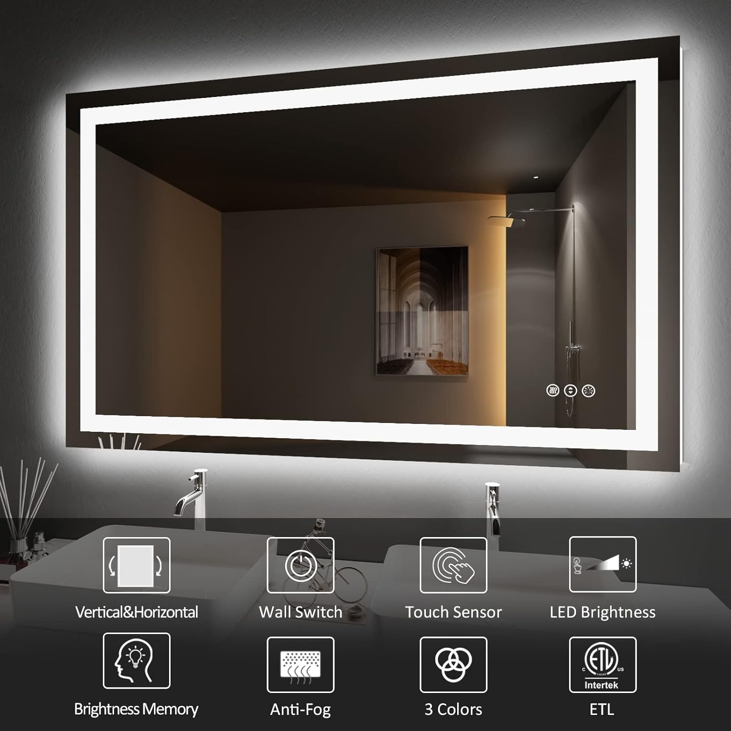 Amorho LED Bathroom Mirror, 60" X32" with Front and Backlight, Stepless Dimmable Wall Mirrors with Anti-Fog, Shatter-Proof, Memory, 3 Colors, Double LED Vanity Mirror