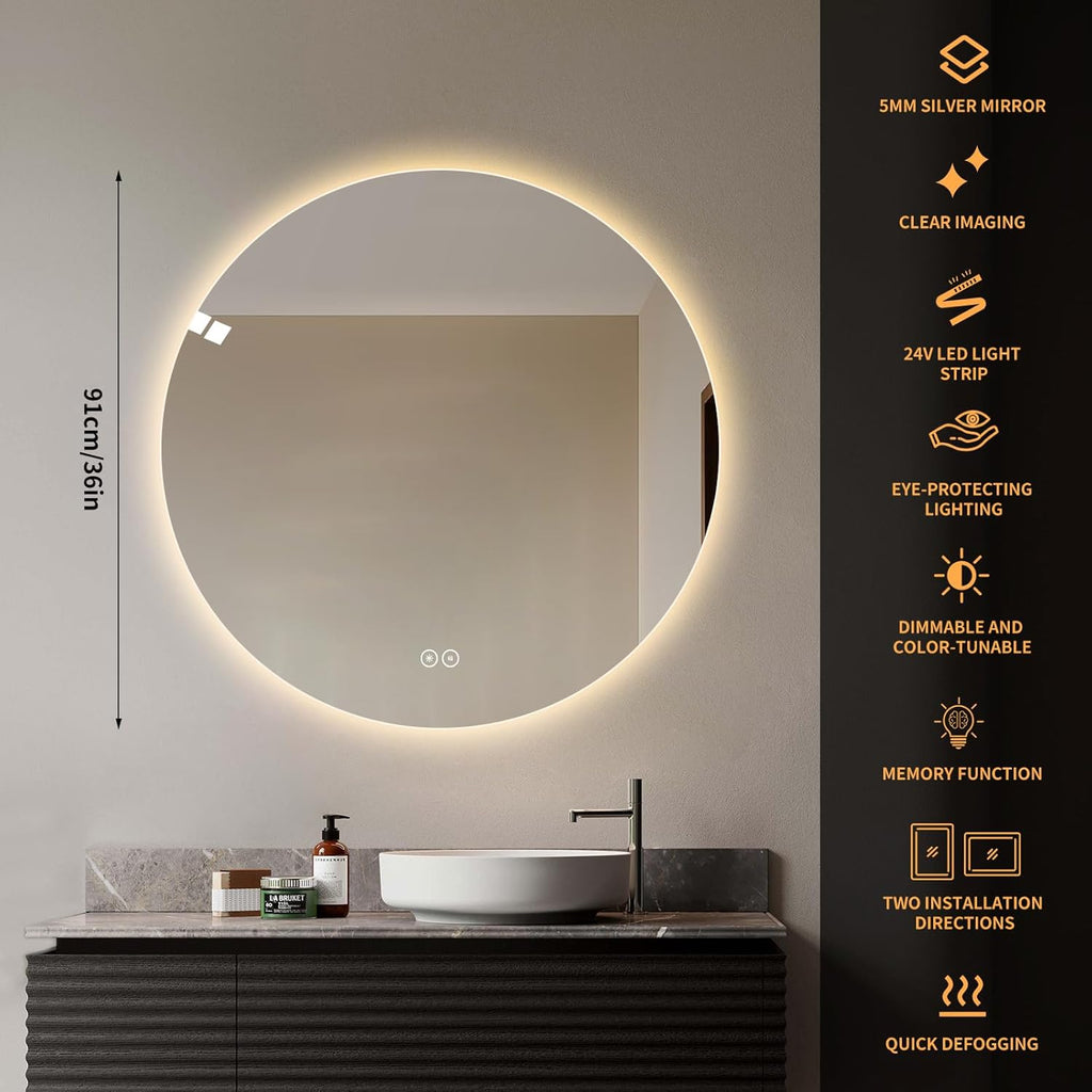 Round LED Bathroom Mirror with Light, Backlit Mirror for Bathroom, Frameless LED Smart Vanity Mirror with 3 Color Lights, Anti-Fog, Smart Touch Button, Shatter-Proof, IP65, 90+ CRI (36" L x 36" W)