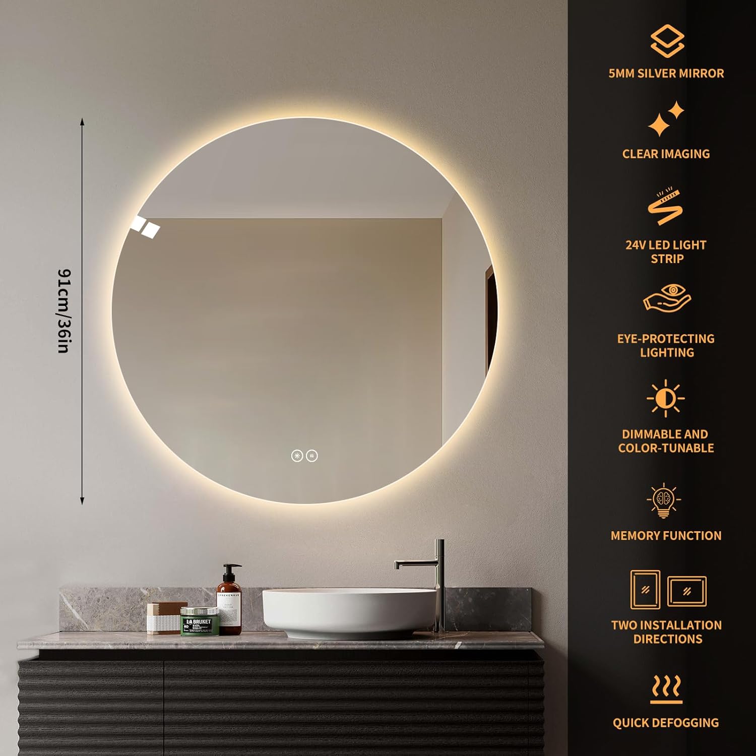 Round LED Bathroom Mirror with Light, Backlit Mirror for Bathroom, Frameless LED Smart Vanity Mirror with 3 Color Lights, Anti-Fog, Smart Touch Button, Shatter-Proof, IP65, 90+ CRI (36" L x 36" W)