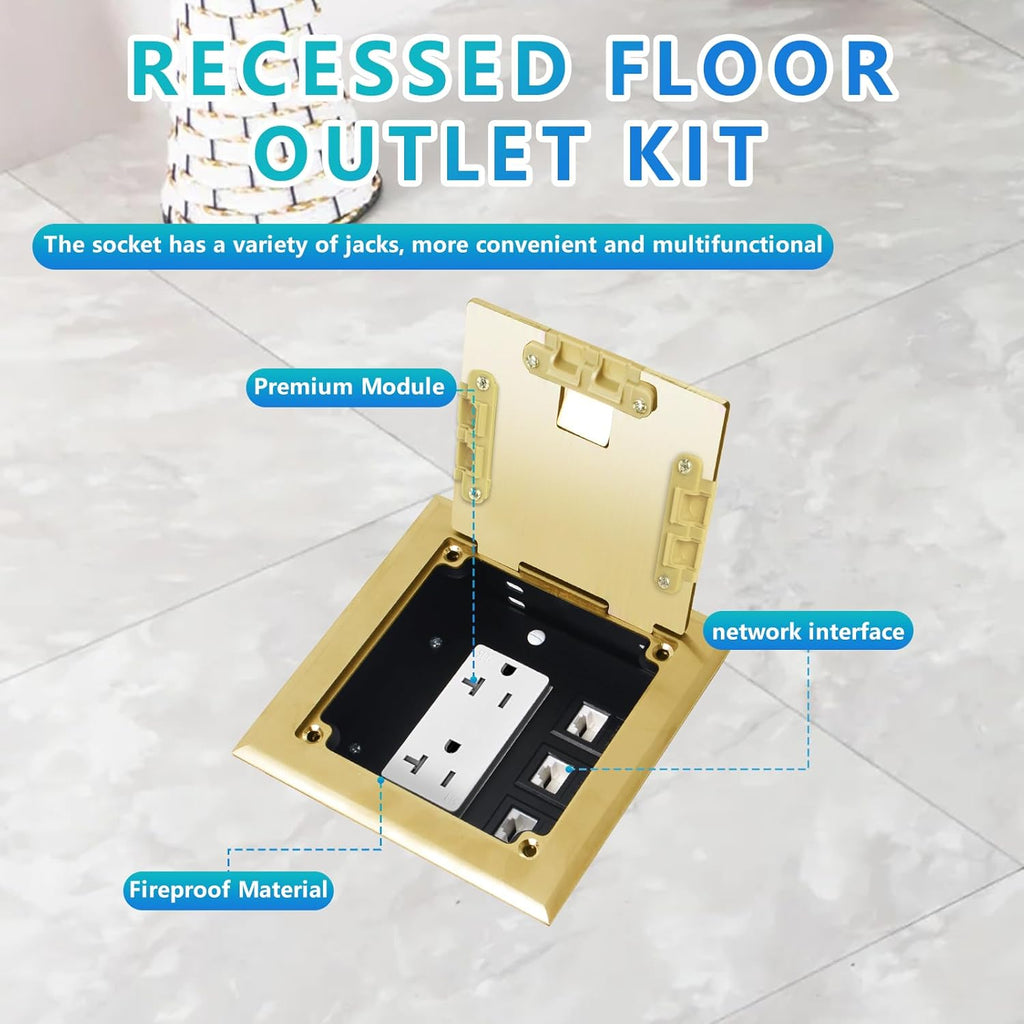 KYHSHJ Recessed Flat Hidden Socket Kit with 20 Amp Stainless Steel TR Receptacle Outlet Stainless+3-Port RJ45 Datacom Receptacle.Internal Height Adjustable，Corrosive Resistant Hardware，Brass