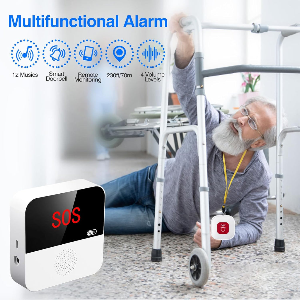 WiFi Elderly Monitoring, Caregiver Pagers Life Alert Systems for Seniors no Monthly Fee, 1 Receiver & 1 Panic Button, Compatible with Tuya Smart/Smart Life APP (Only Supports Wi-Fi 2.4GHz )