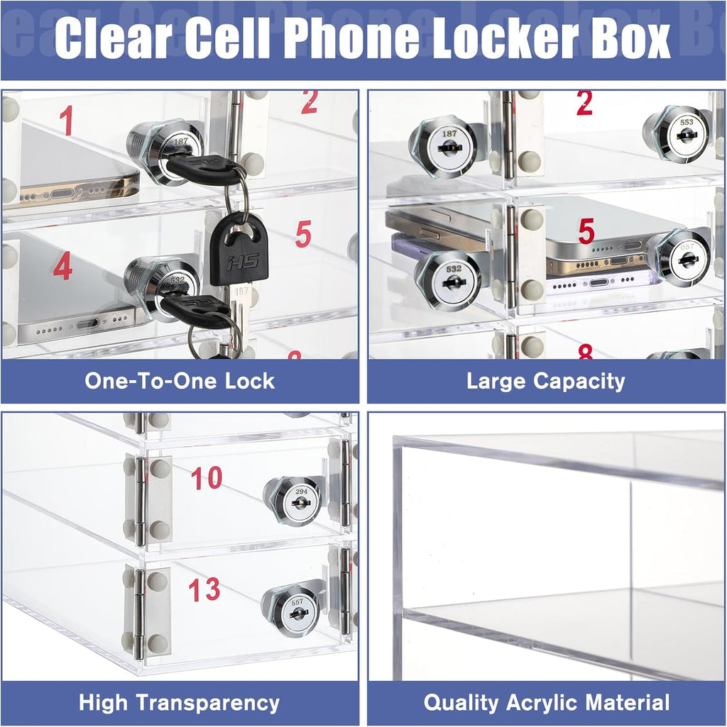 Layhit 15 Slots Cell Phone Locker Box for Classroom Clear Acrylic Cell Phone Storage Cabinet Bin with Door Locks for Classroom School Students Office Factory Employees