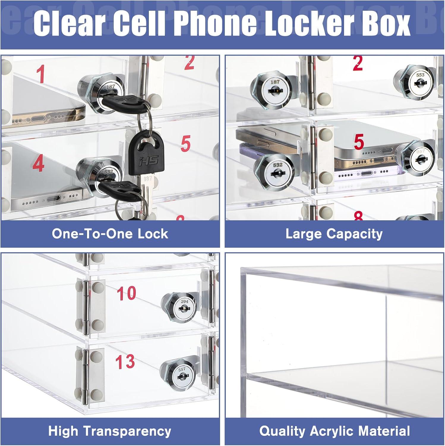 Layhit 15 Slots Cell Phone Locker Box for Classroom Clear Acrylic Cell Phone Storage Cabinet Bin with Door Locks for Classroom School Students Office Factory Employees