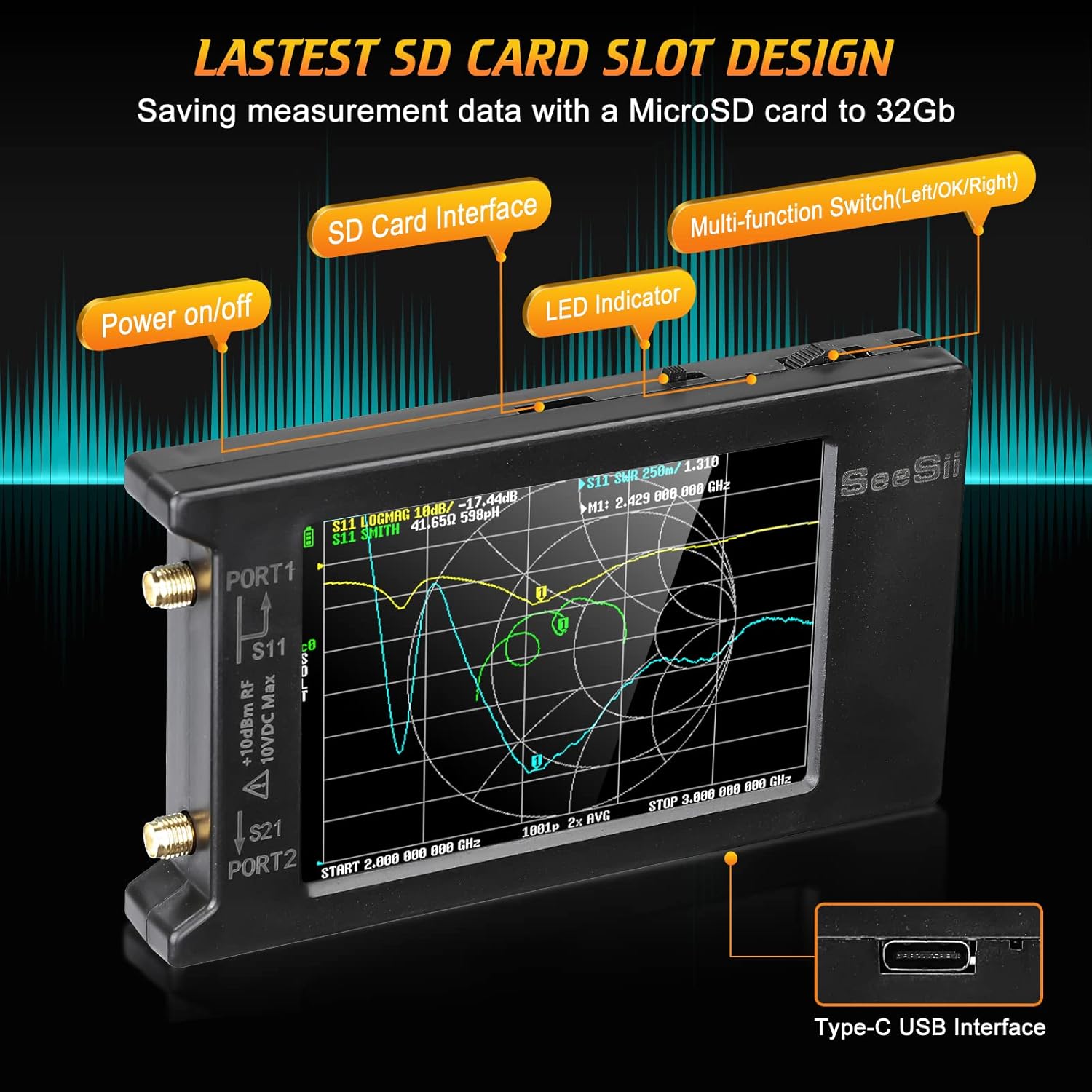 Upgraded NanoVNA 50kHz-6.3GHz Vector Network Analyzer, Seesii 4 inch Antenna Analyzer with MicroSD Slot, Support Data Storage,Measure S Parameters HF VHF UHF SWR Phase Delay Smith Chart