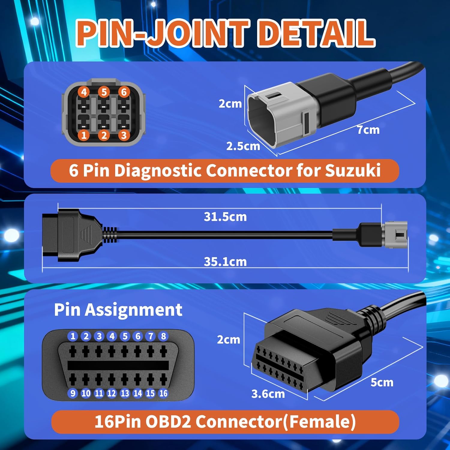 OBD2 Adapter Cable Fits for Suzuki Guzzi Kawasak and More Motorcycles, 6Pin to 16Pin OBD2 Diagnostic Adapter Cable Works with All OBDII Scanner