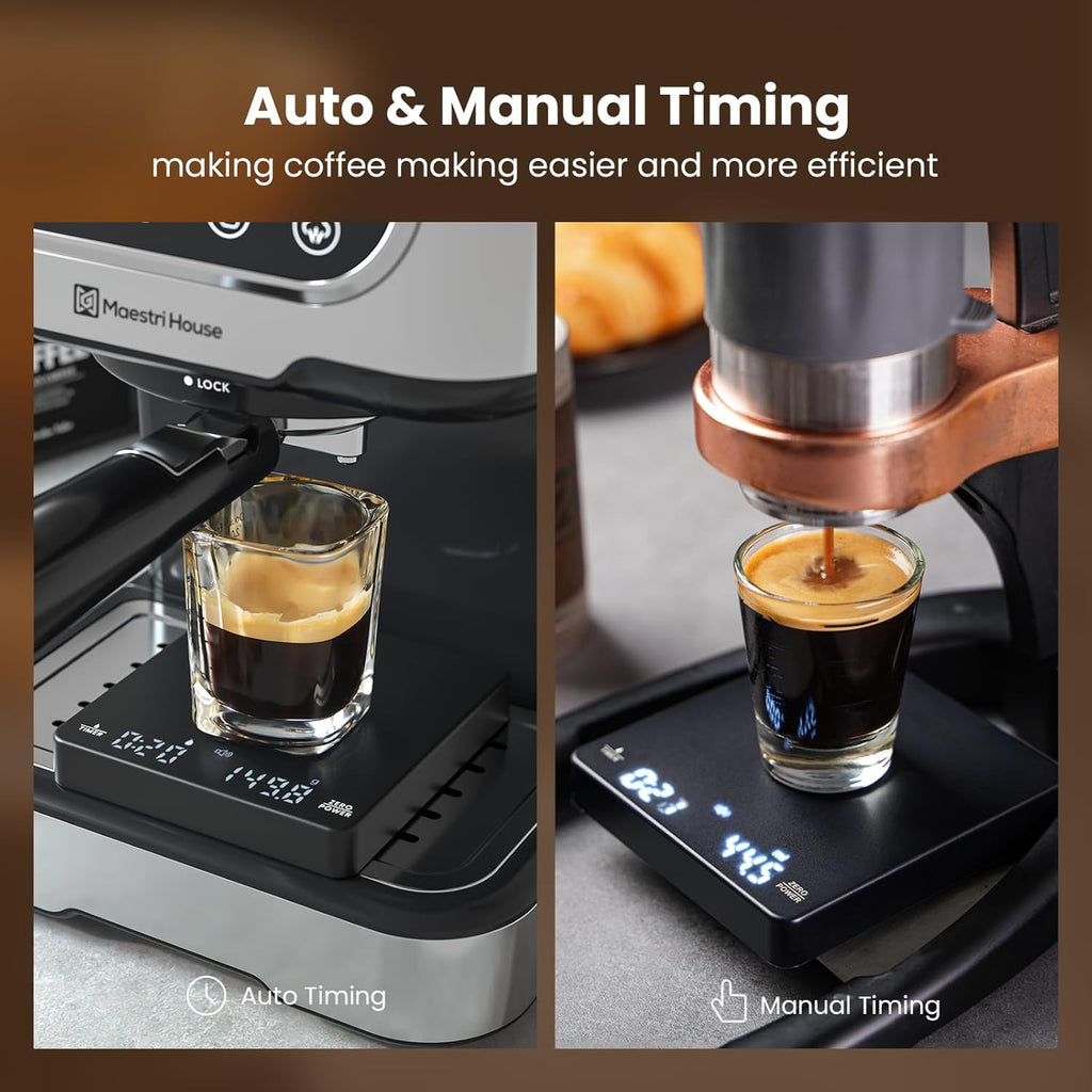 Mini Coffee Scale with Timer, Maestri House Rechargeable Espresso Scale, 2kg/0.1g Accurate Scale for Espresso and Pour-Over Coffee, Portable Digital Kitchen Scale with Automatic Timing-Black