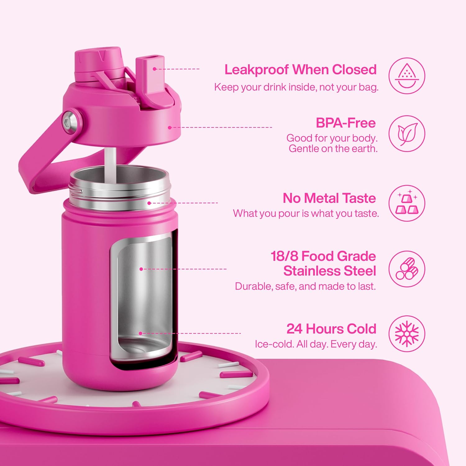 Kids Insualated Water Bottle with Straw - 12oz Stainless Steel Water Bottle with Dual Spouts, Leak-Proof, BPA-Free, Double Wall Vacuum Keeps Cold for 24 Hours for Sports, Travel, School (Persian Rose)
