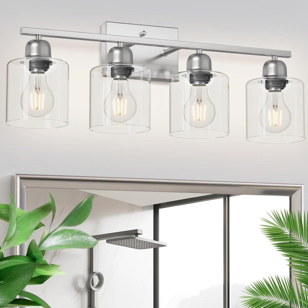 Modern Brushed Nickel 4 Light Bathroom Light Fixtures, 24 inch Vanity Lights for Bathroom with Clear Glass, Vanity Lights for Mirror Kitchen Living Room Hallway Cabinet Porch