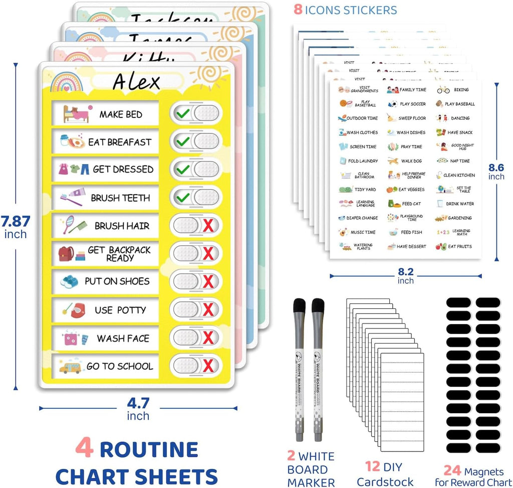 4 in 1 Namable Chore Chart for Kids, Dry Erase Morning/Bedtime Routine Chart for Kids for Refrigerator, Magnetic Visual Schedule for Kids Toddlers to Do List Checklist for Multiple Kids