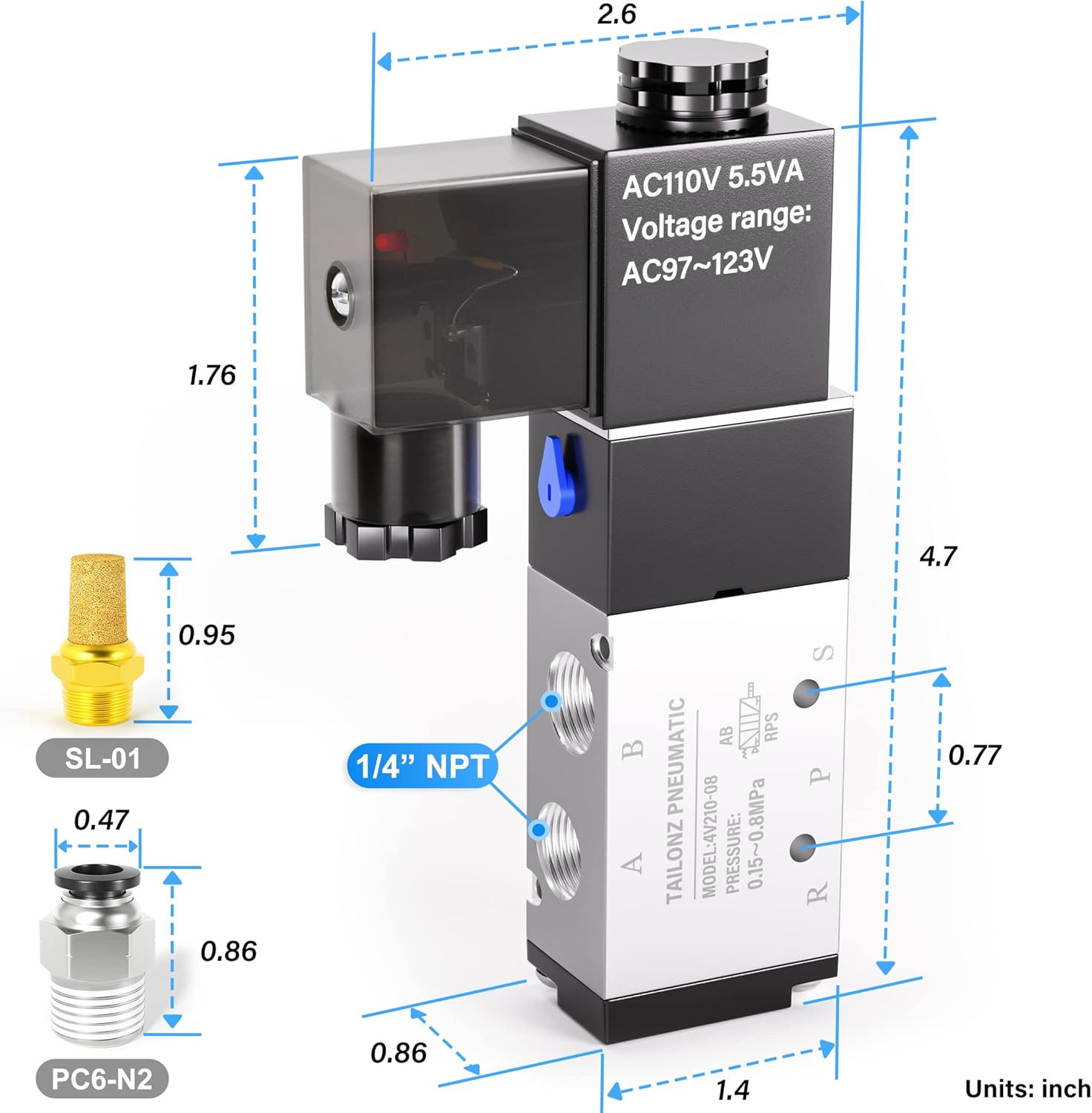 TAILONZ PNEUMATIC 1/4"NPT Solenoid Valve 4V210-08 AC110V Single Coil Pilot-Operated Electric 2 Position 5 Way Connection Type Junction Box