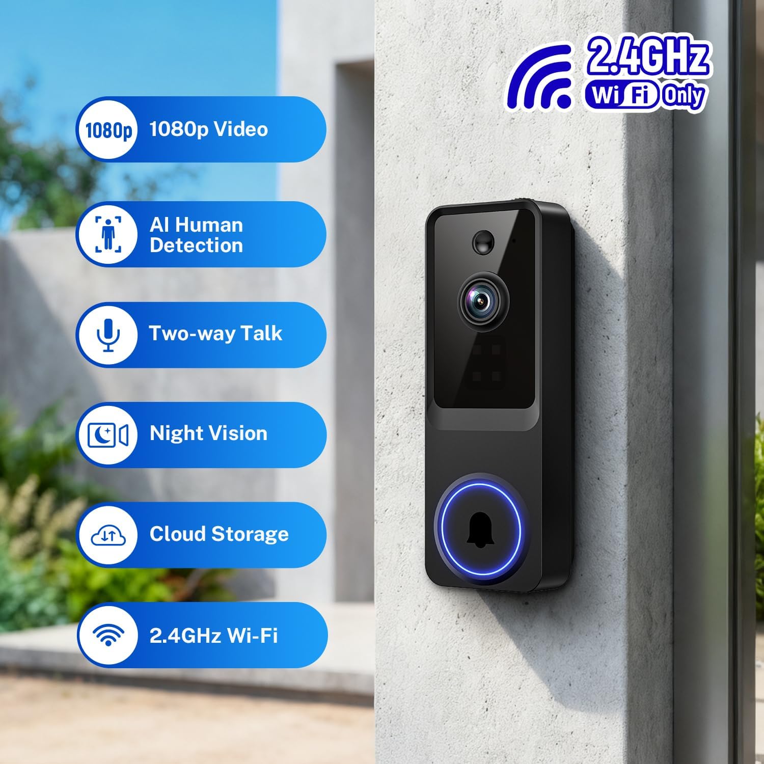 SoraNari Wireless Doorbell Camera,1080P HD, Motion Detection, Two-Way Audio, Live View, Night Vision, Cloud Storage, Battery Powered, 2.4GHz Wi-Fi Only