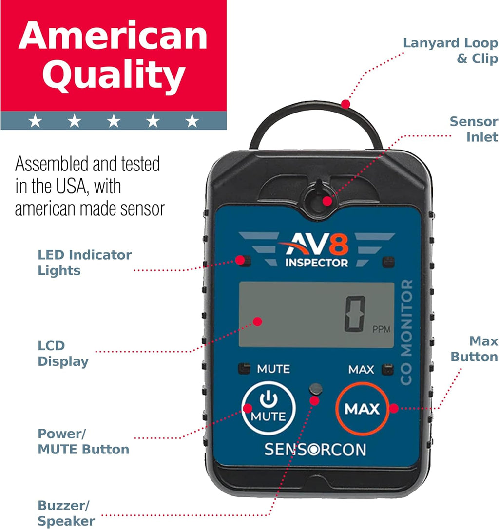 AV8 Inspector Portable Carbon Monoxide Detectors for Aviation – Professional-Grade Digital Carbon Monoxide Monitor with Visual and Audio Alarms