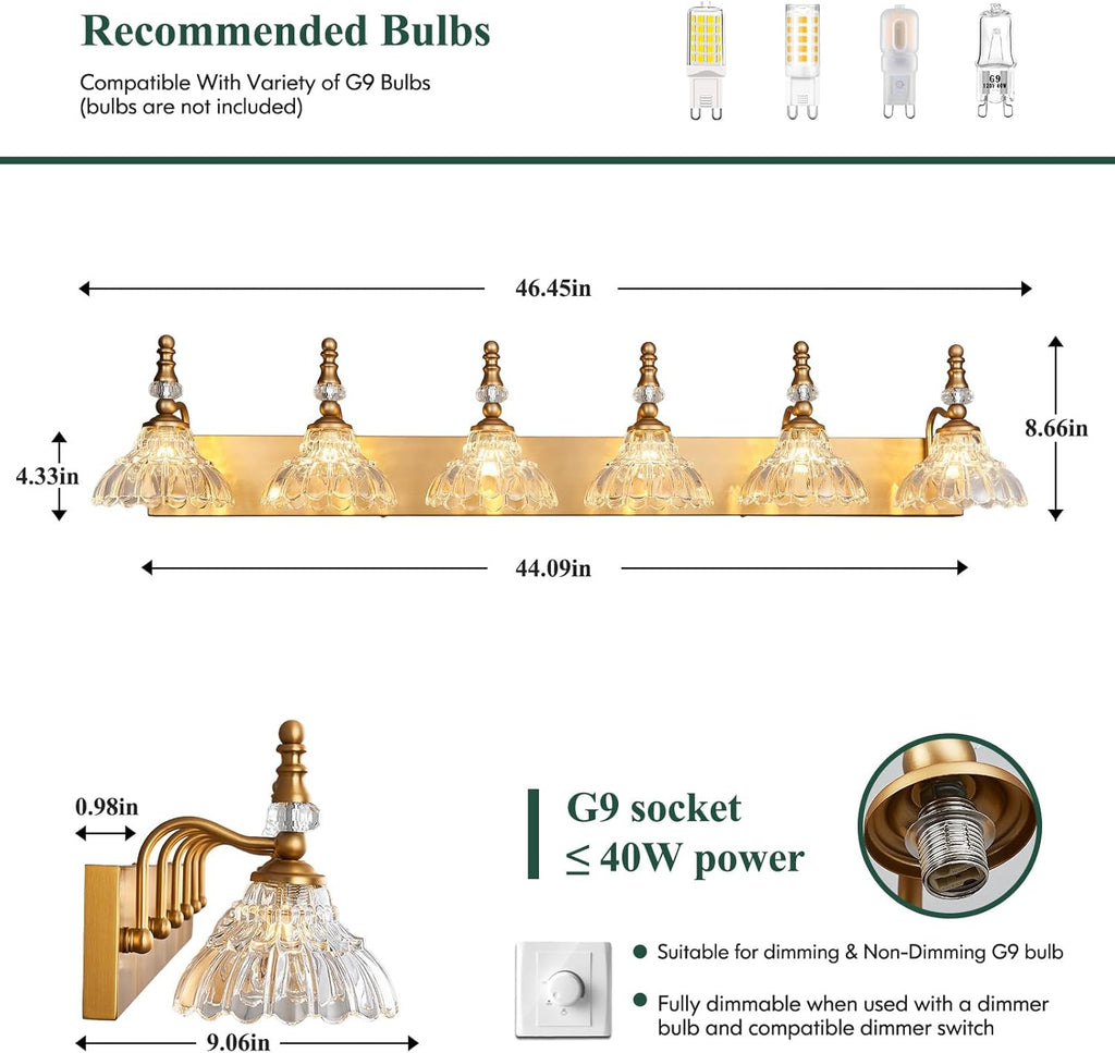 Vintage Bathroom Vanity Light, 6-Light Brass Vanity Lighting Fixture with Flower Glass Shade, Bathroom Lighting Fixtures Over Mirror