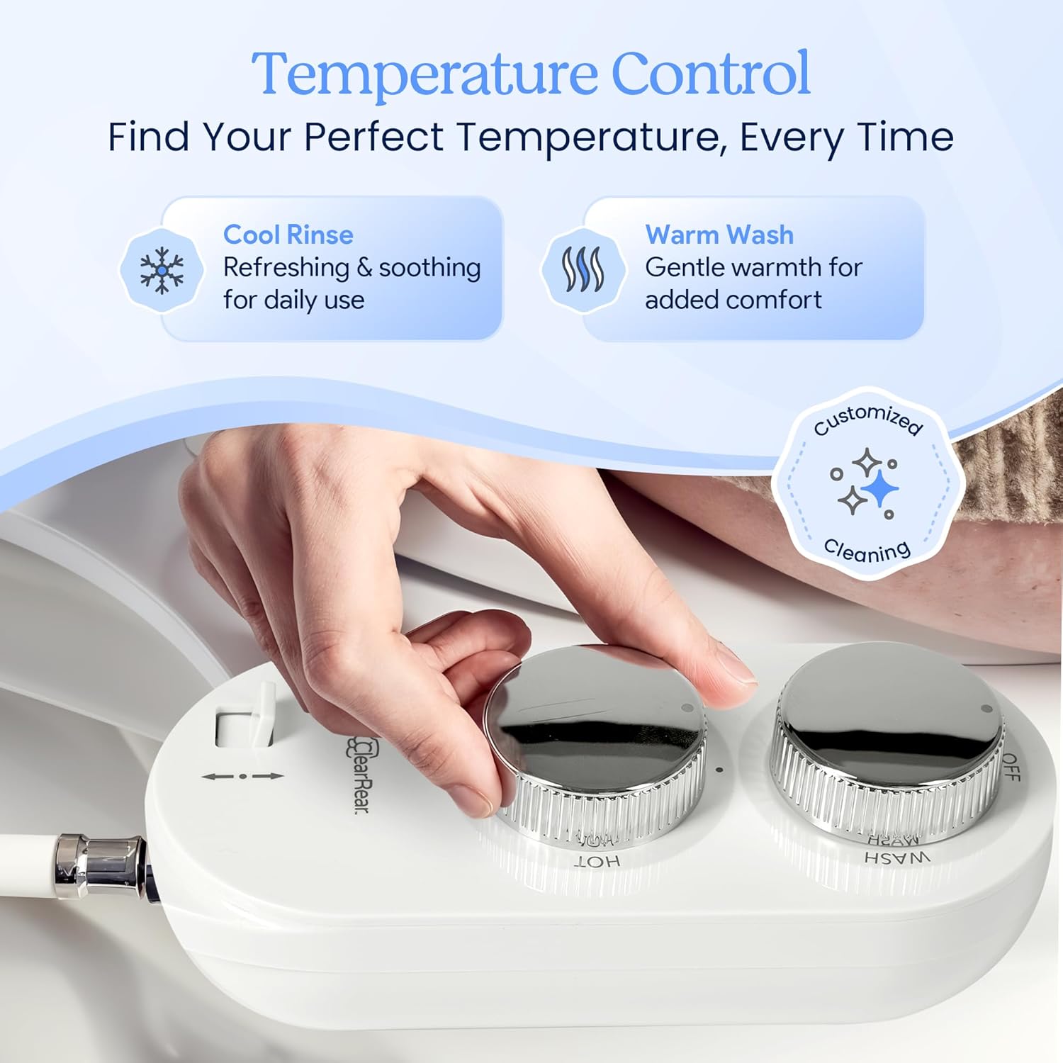CLEAR REAR Bidet Attachment for Toilet Seat - Non-Electric, Self-Cleaning Dual Nozzle, Adjustable Water Pressure, Rear & Feminine Wash Hygienic Upgrades - Fits Elongated Toilets (Cold & Warm Water)