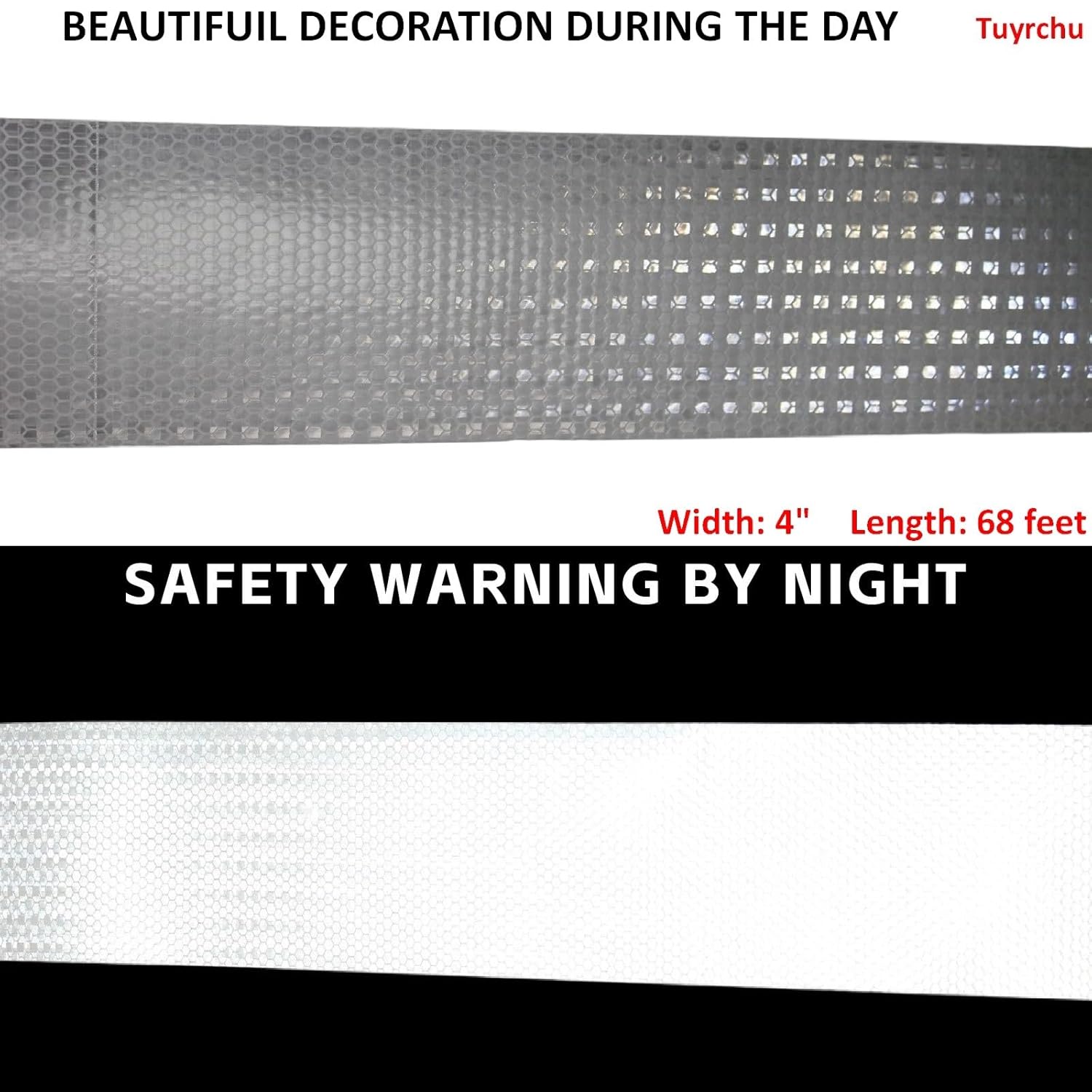 White Reflective Tape Outdoor Waterproof 4 inch Wide, High Visibility Warning Safety Industrial Marking Tape (68 feet)