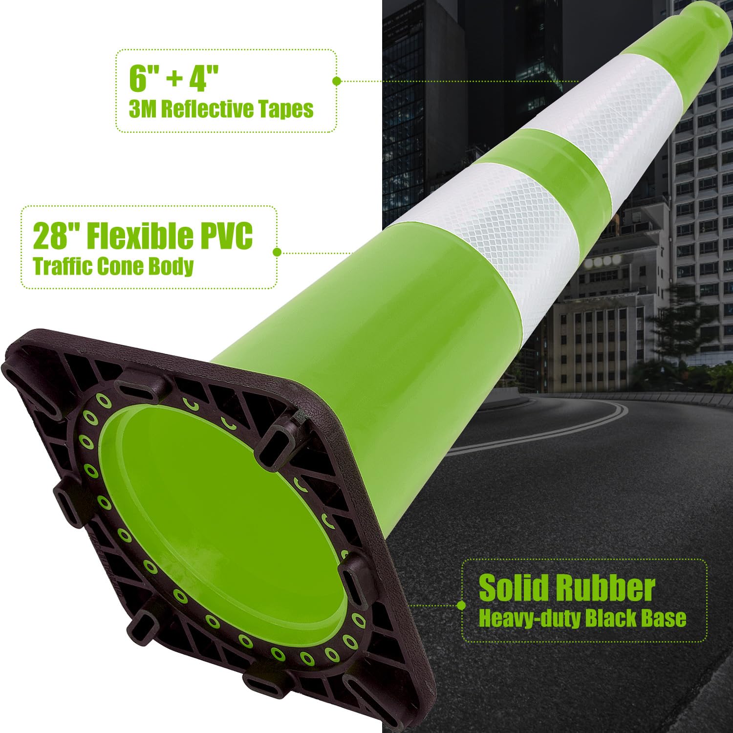 6 Pack 28" Inch Large PVC Traffic Cones with Heavy-Duty Black Base, High-Visibility All-Weather Safety Cones for Road Construction, Parking Lot, Garage Use (6, Green, 28" Large)