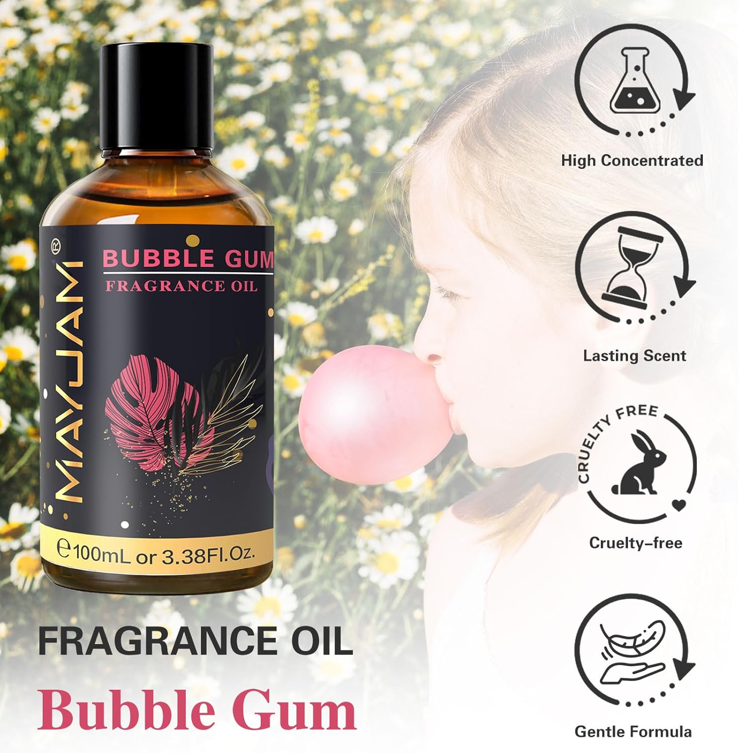 MAYJAM 100ML/3.38FL.OZ Bubble Gum Fragrance Oils with Glass Dropper, Essential Oils for Diffusers for Home, Long Lasting Scented Oils for Diffusers Soap Candle Making
