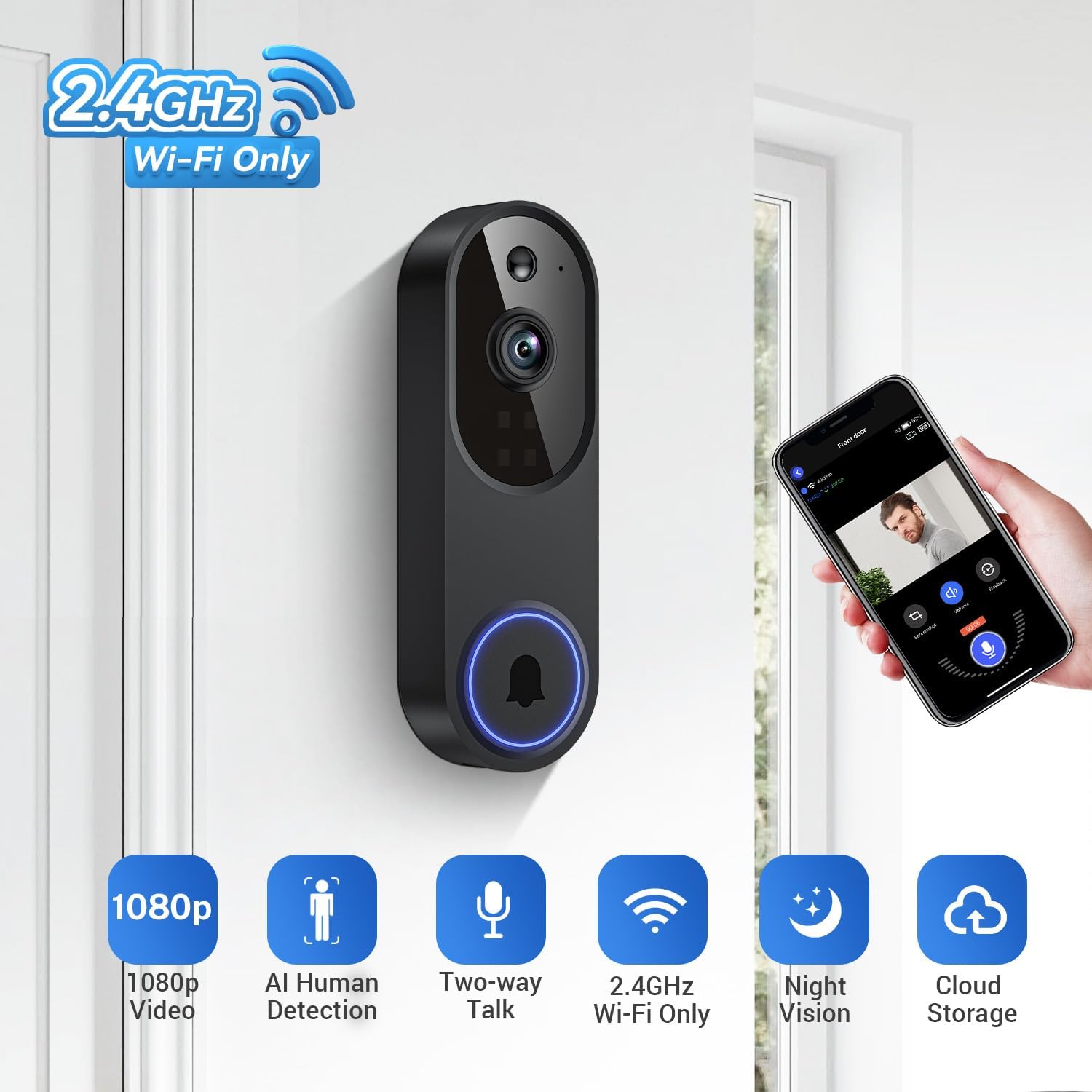 1080P Wireless Video Doorbell Camera, 2.4G WiFi Only, AI Human Detection, Indoor/Outdoor Surveillance Cam, 2-Way Talk, Night Vision, Cloud Storage (Sold Separately)