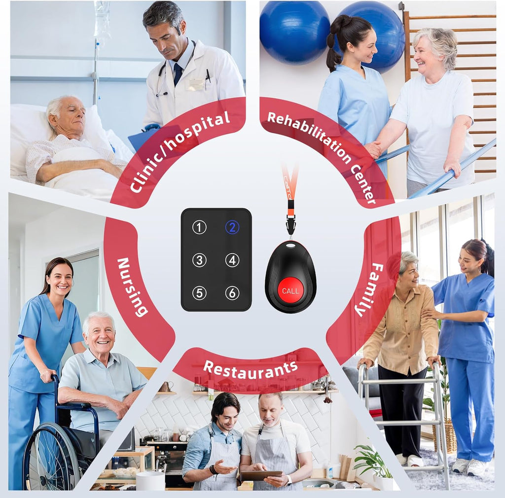 CallToU Wireless Call Button Caregiver Pager Nurse Call System for Elderly/Patients at Home/Hospital with Voice Announcements and LED Number Display (6 Waterproof Call Button & 3 Receiver)