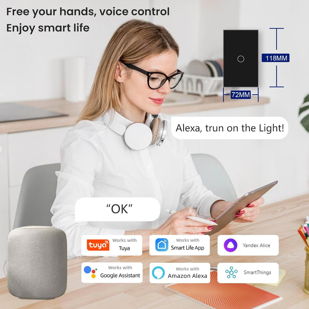 WiFi Smart Light Switch 118X72X34MM Need Neutral Wire,2.4GHz Wi-Fi Touch Switch,Work with Smart Life/Tuya App, Compatible with Alexa and Google Home, Black 1 Gang