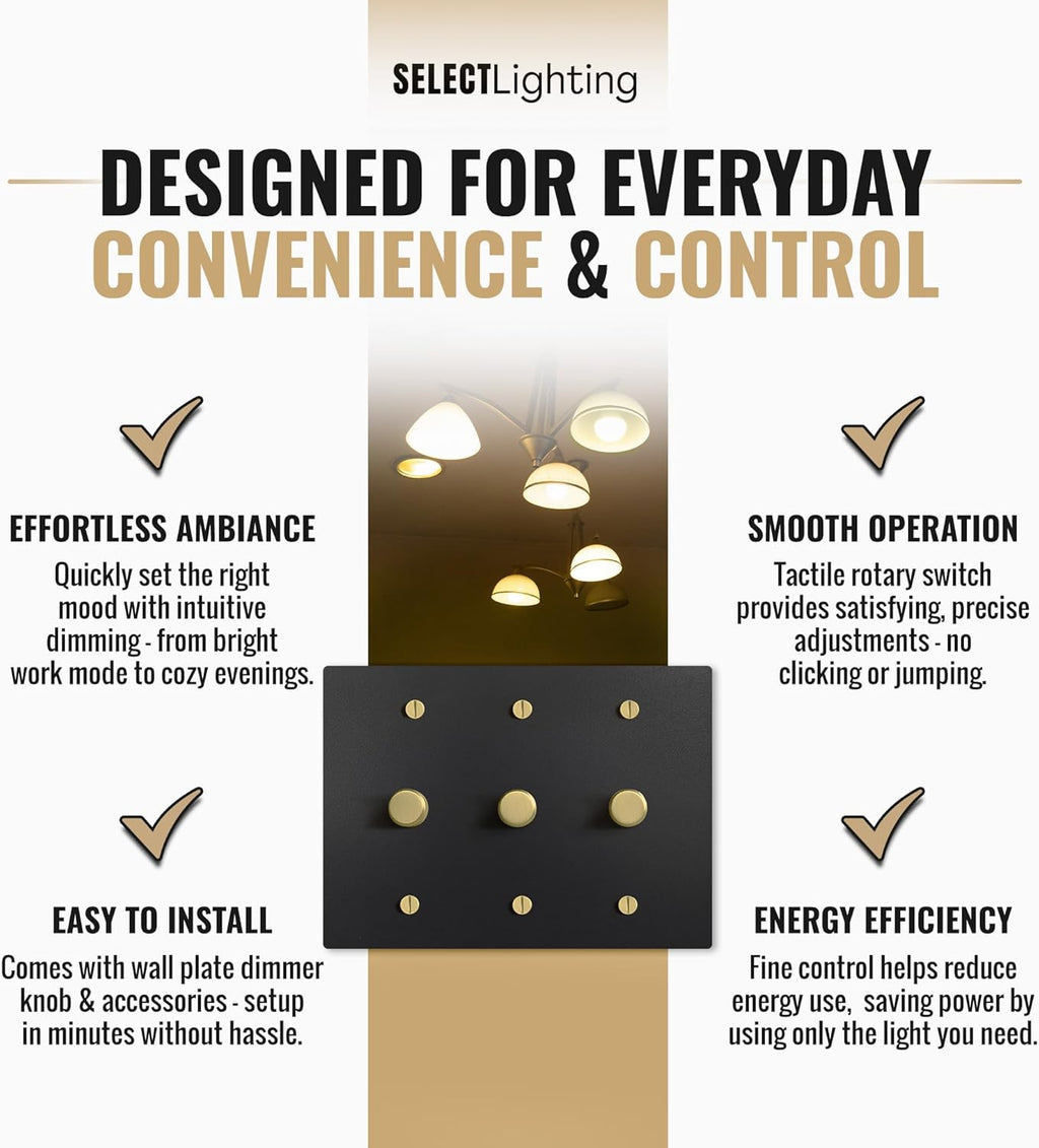 SELECT Black Brass Dimmer Light Switch, 1 Way Rotary Dimmer, 3 Gang TRIAC/Leading Edge Dimmable LED Light Switch, 15A 120V AC with Brass Knob, Faceplate & Dimming Module, UL Listed
